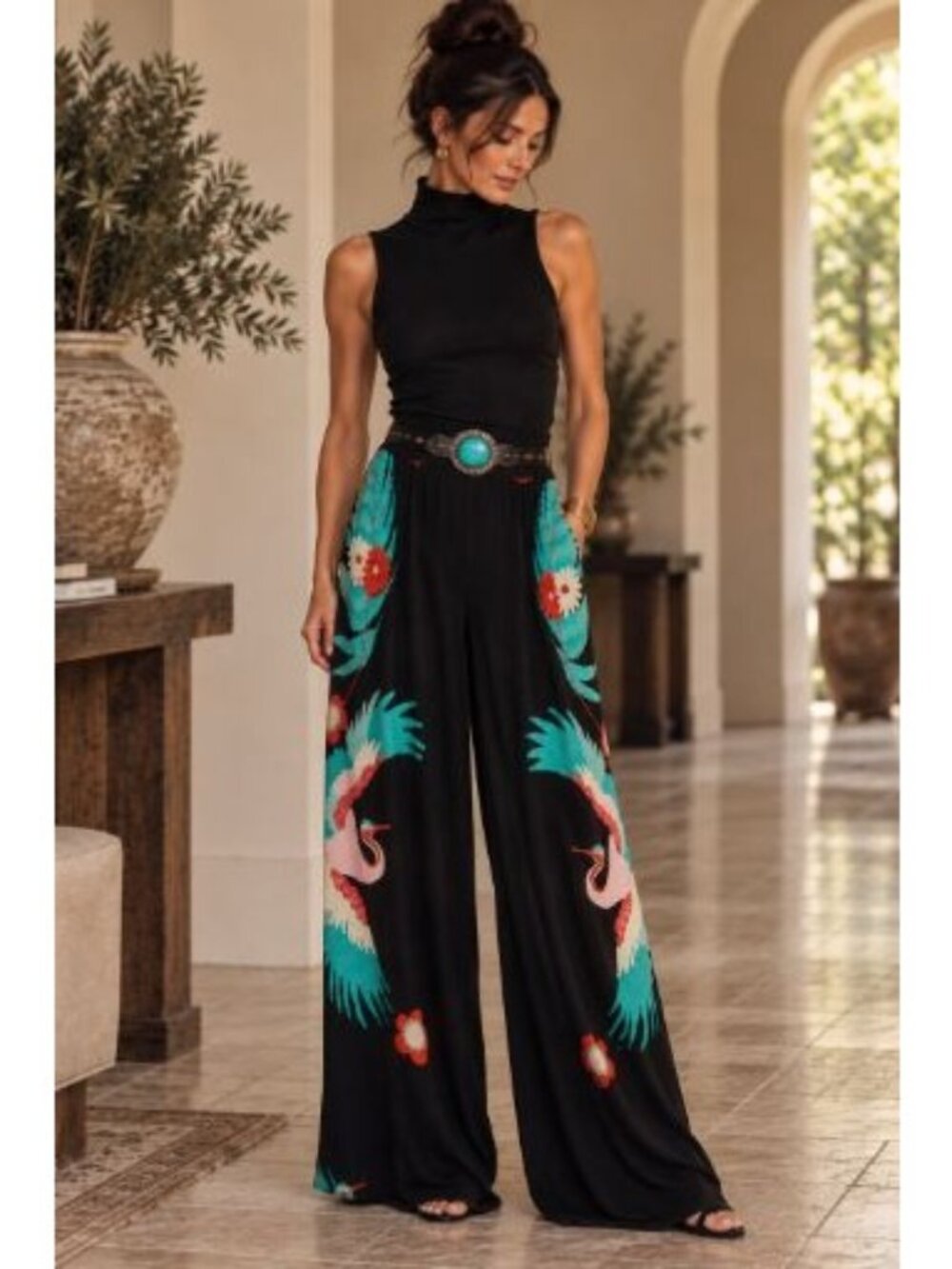 Eva Varro Palazzo Maximalist Mobwife Artsy Vibrant Floral Crane Wideleg Pants M